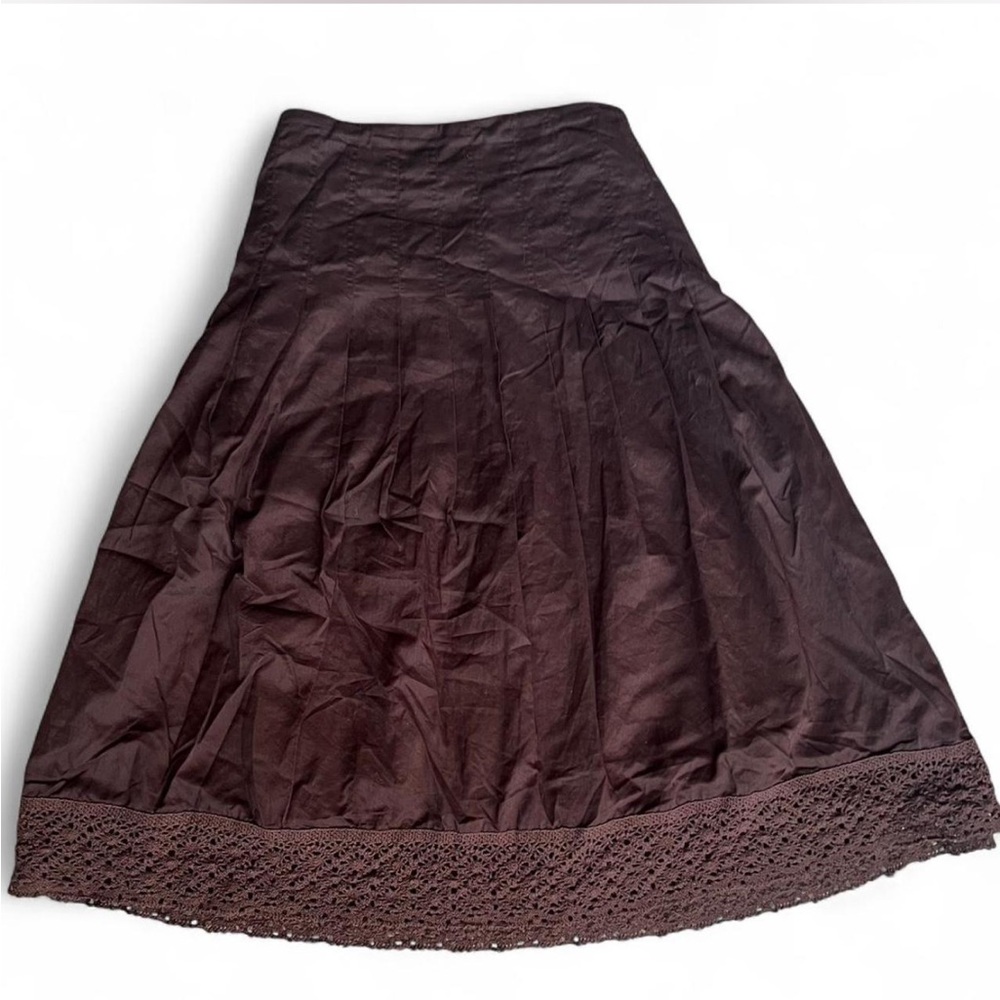 Chocolate Brown 100% Cotton Boho Lace Trim Pleated Midi Skirt By Jones New York
